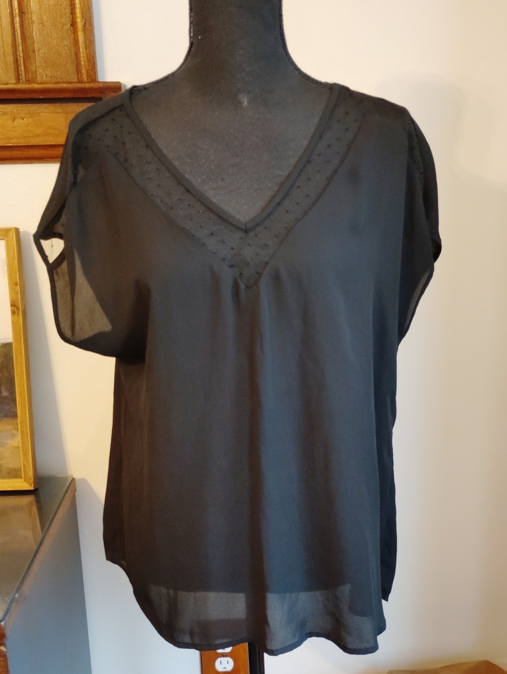 SHEIN Black Sheer V-Neck Short Sleeve Blouse